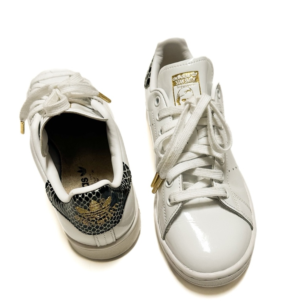 Adidas Originals Stan Smith Sneakers White Patent Black Snakeskin Gold Trefoil